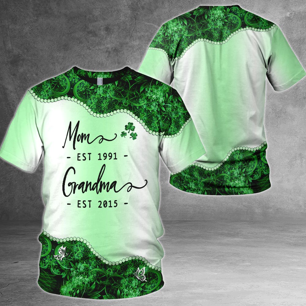 Personalized Mom Est Grandma Est St. Patrick's Day All Over Print Shirts For Grandma Nana Gigi
