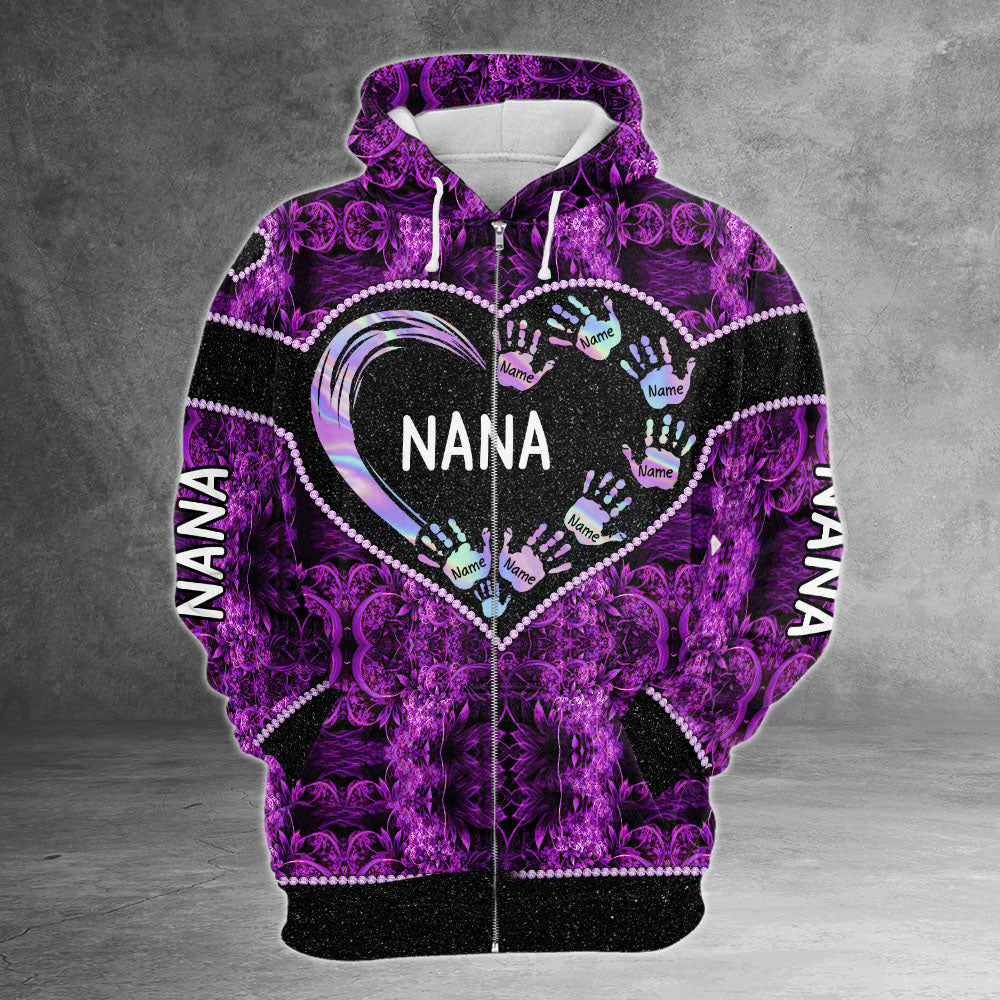 Nana Heart Handprints Hologram Personalized All Over Print Shirt, 3D Shirt For Grandma