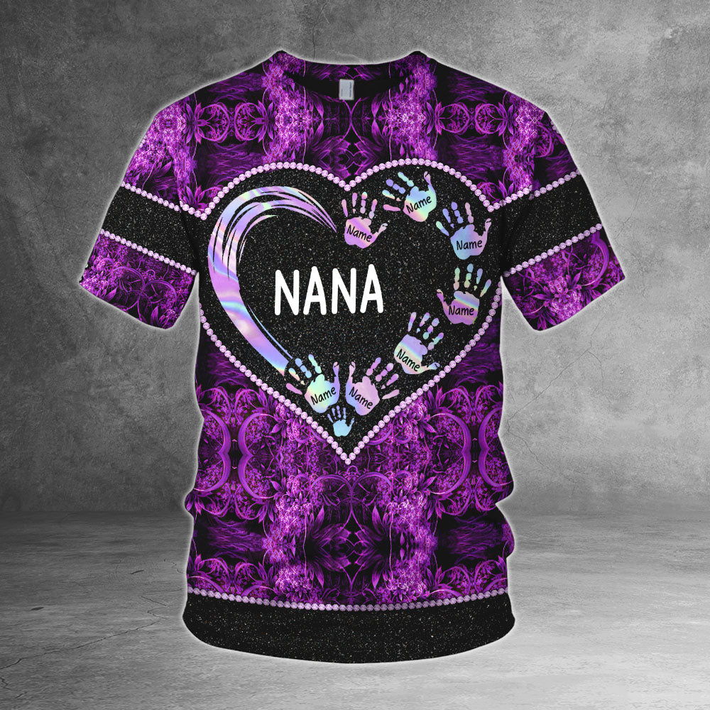 Nana Heart Handprints Hologram Personalized All Over Print Shirt, 3D Shirt For Grandma
