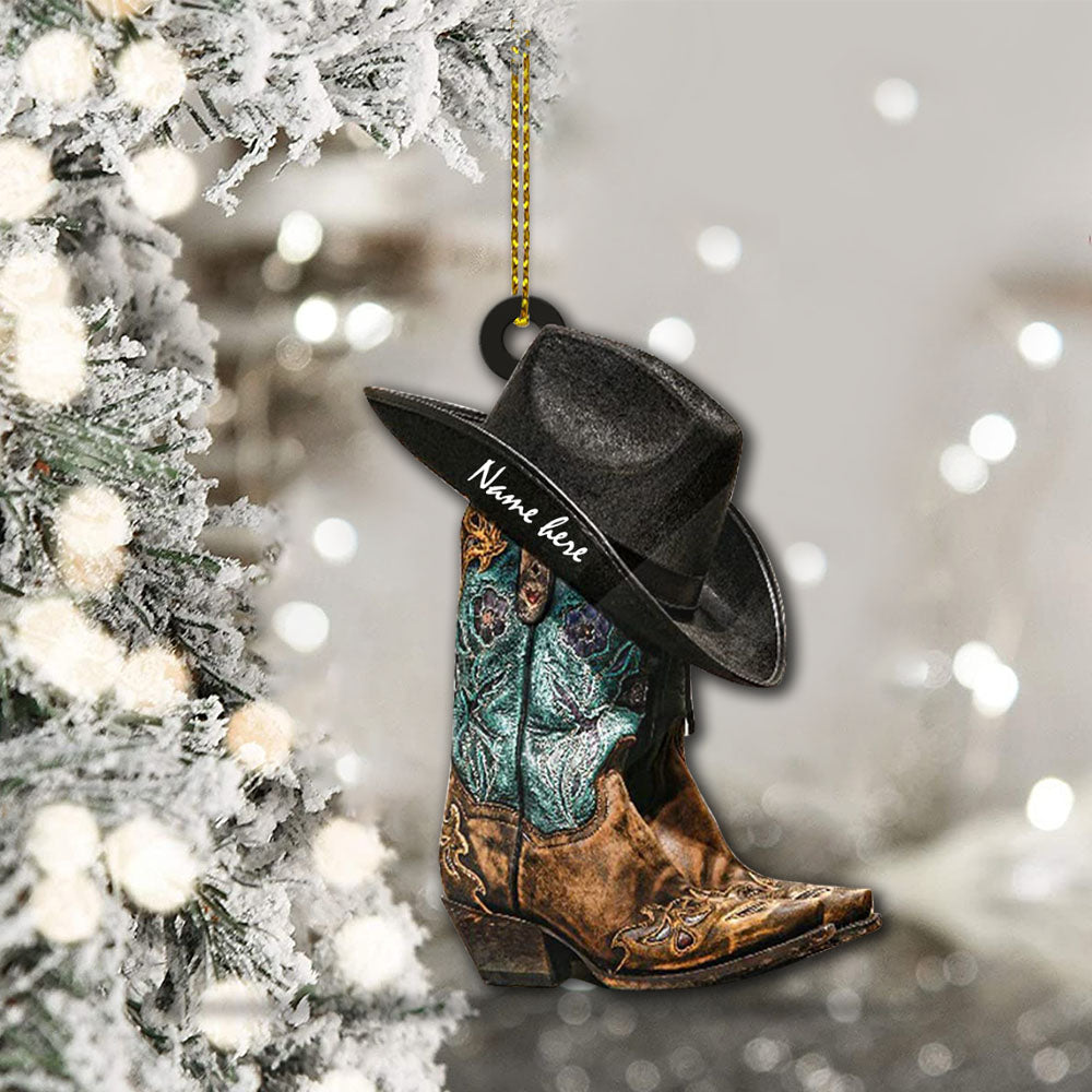 Cowgirl Boots and Hat Ver3, Personalized Acrylic Ornament Printed Two Sides With The Same Design For Cowboy & Cowgirl