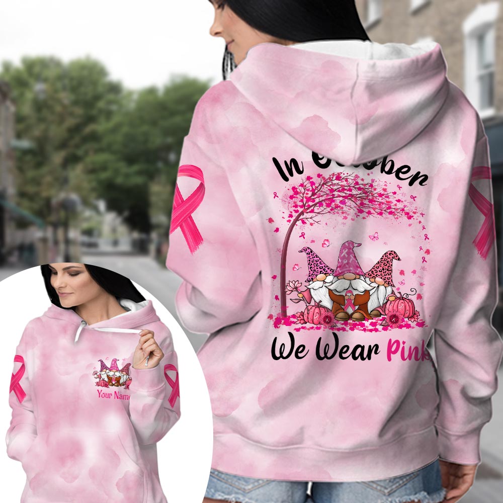 In October We Wear Pink, All Over Print Shirts For Breast Cancer Family Member, Leopard Print Gnomes, Name Can Be Changed