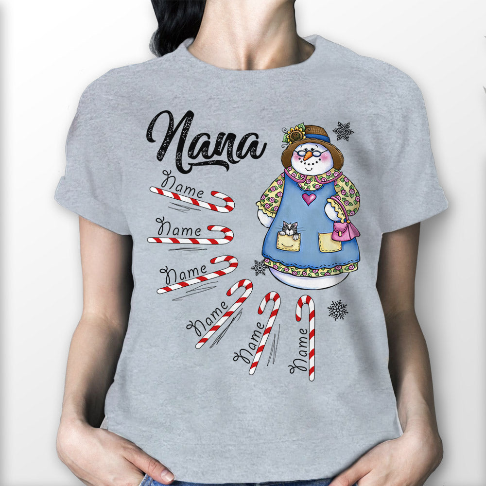 Christmas Snowman Candy Cane Personalized Shirt For Mom Grandma Papa