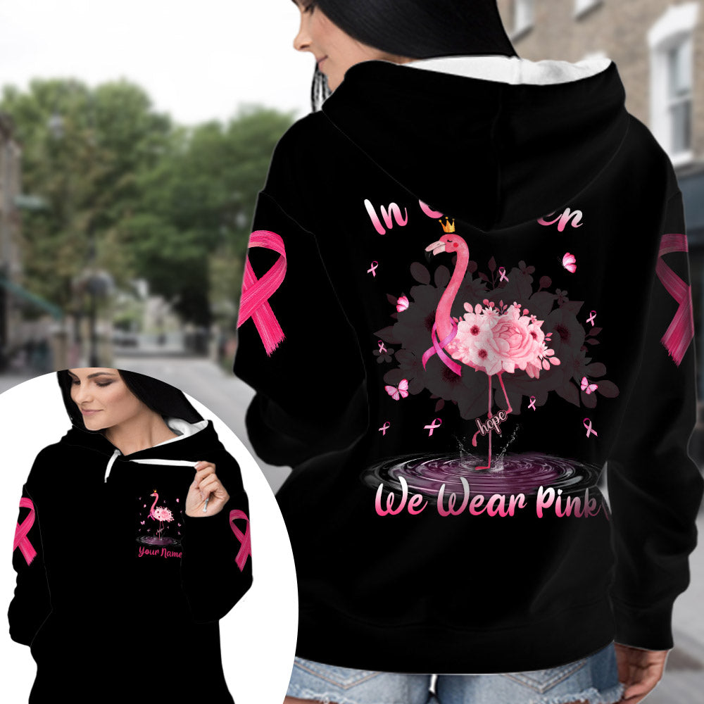 In October We Wear Pink, All Over Print Shirts For Breast Cancer Awareness, Flamingo & Flowers Art Print, Name Can Be Changed