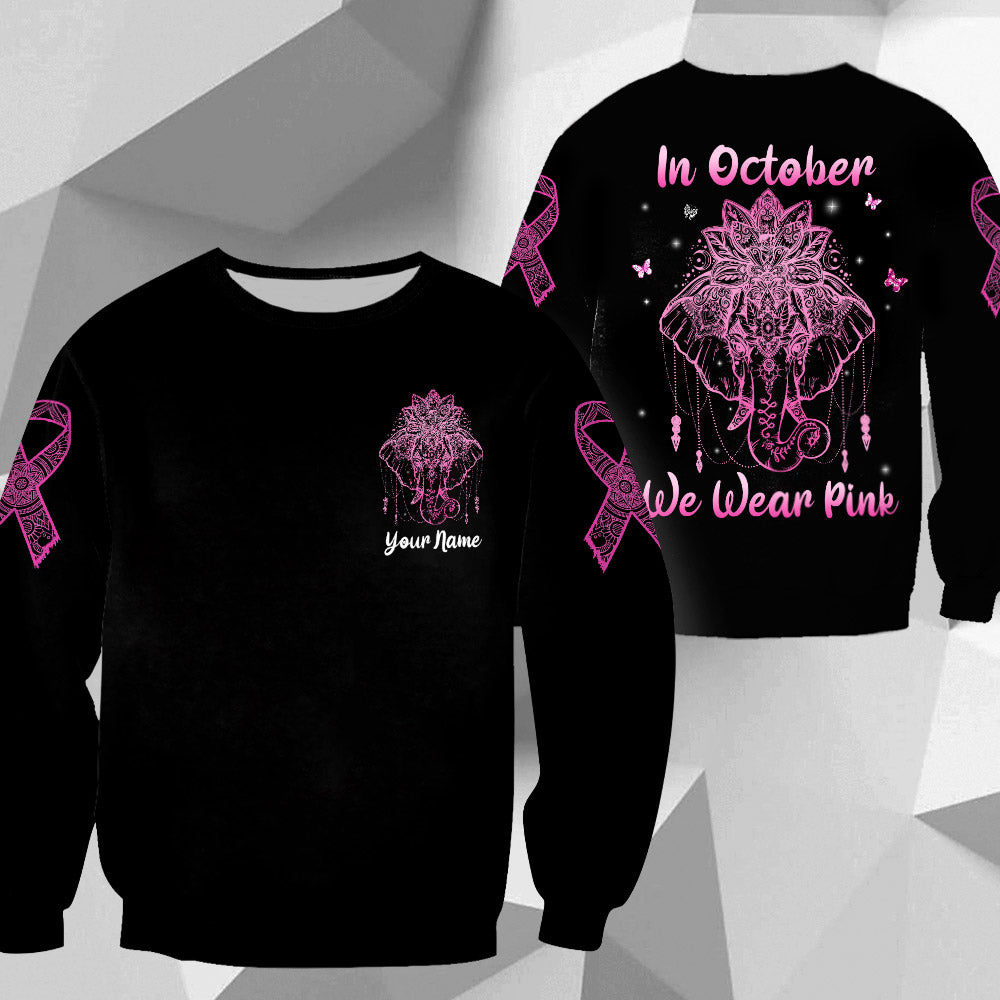In October We Wear Pink, All Over Print Shirts For Breast Cancer Awareness, Elephant Mandala Art Print, Name Can Be Changed
