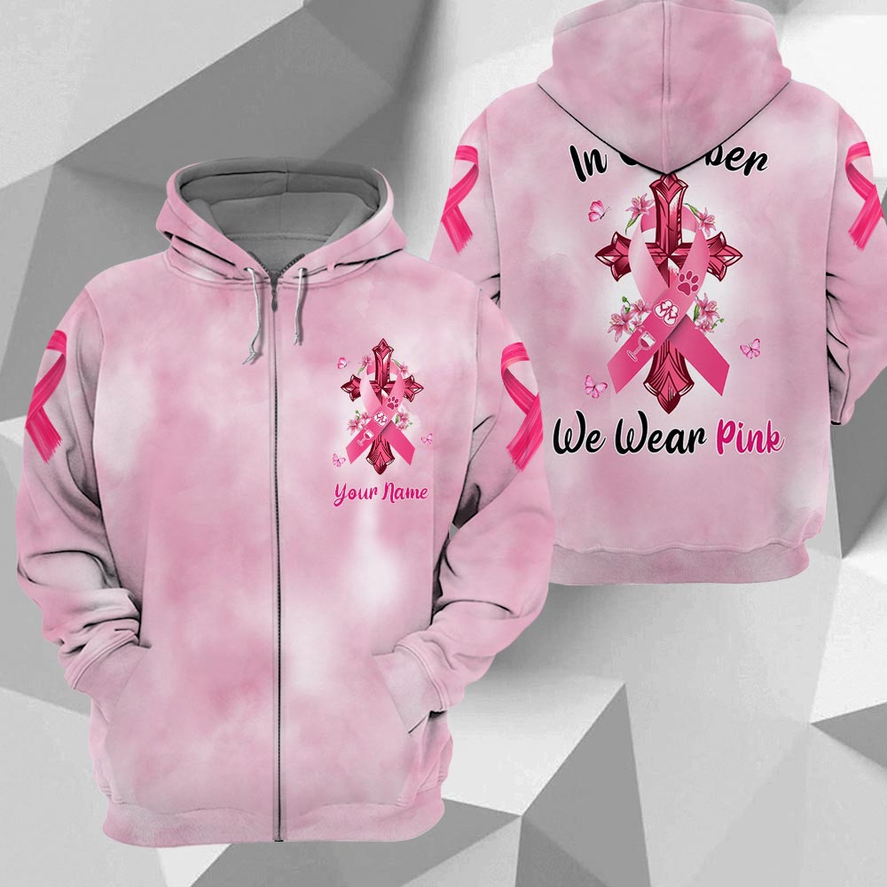 Paw Dog, Flip Flop, Wine, In October We Wear Pink, Breast Cancer Awareness Personalized All Over Print Shirt