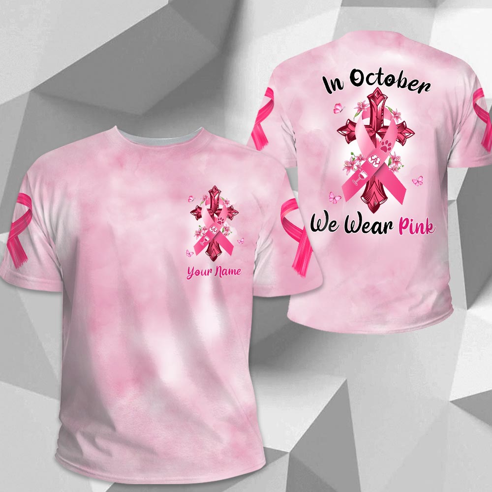 Paw Dog, Flip Flop, Wine, In October We Wear Pink, Breast Cancer Awareness Personalized All Over Print Shirt