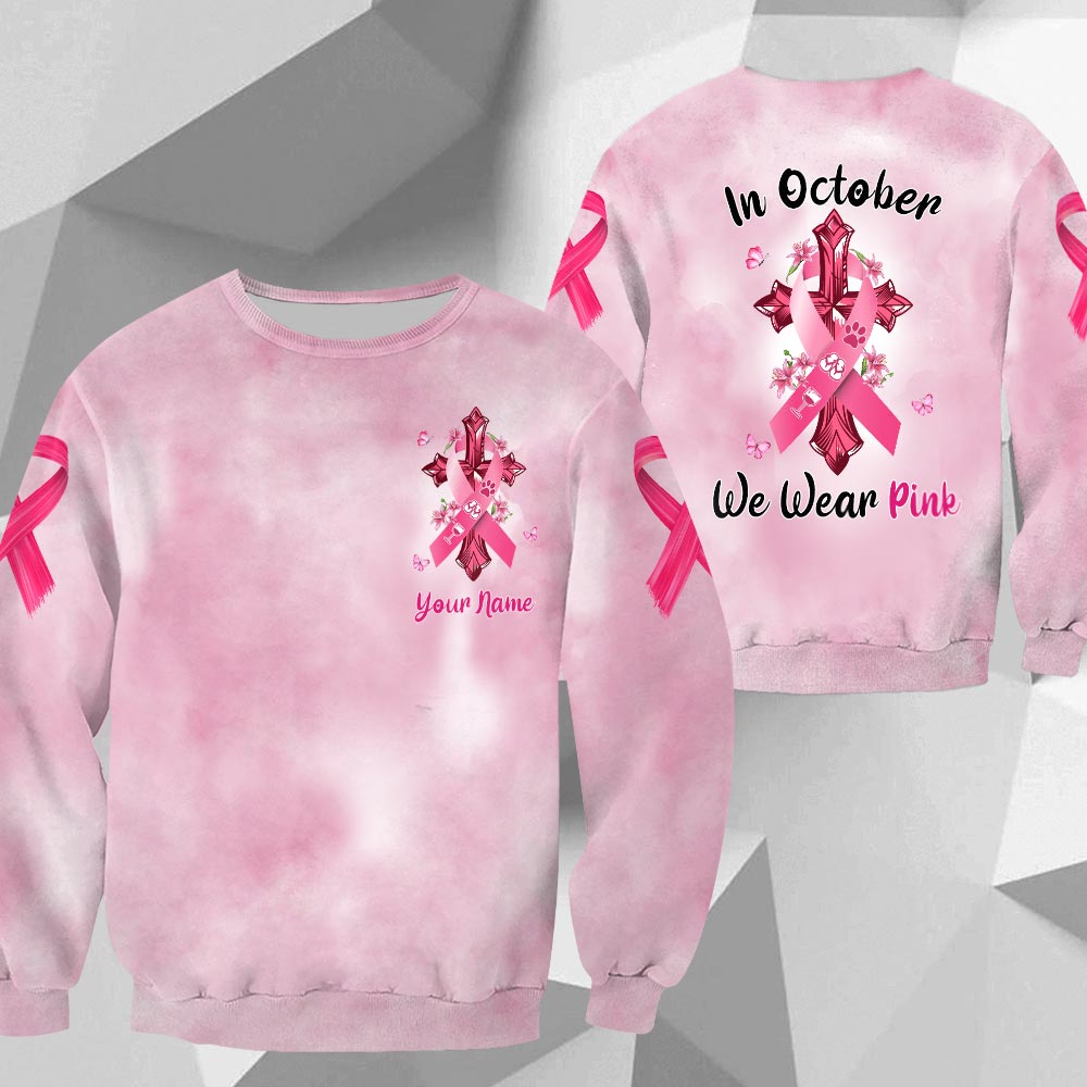 Paw Dog, Flip Flop, Wine, In October We Wear Pink, Breast Cancer Awareness Personalized All Over Print Shirt
