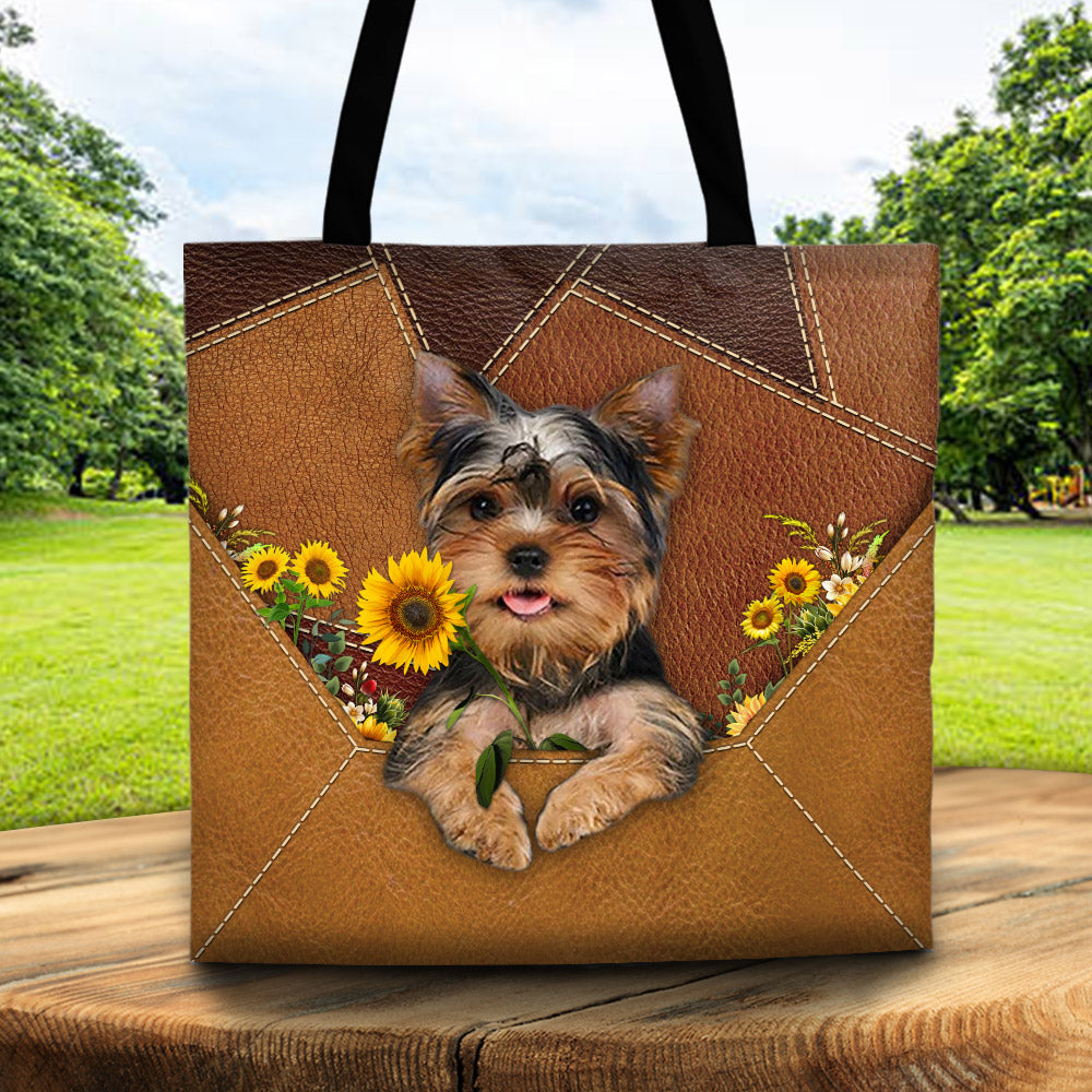 Yorkshire Terrier Holding Sunflower, Tote Bag Printed Leather Pattern For Dog Mom