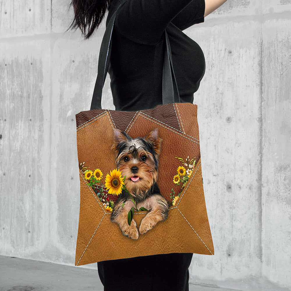 Yorkshire Terrier Holding Sunflower, Tote Bag Printed Leather Pattern For Dog Mom
