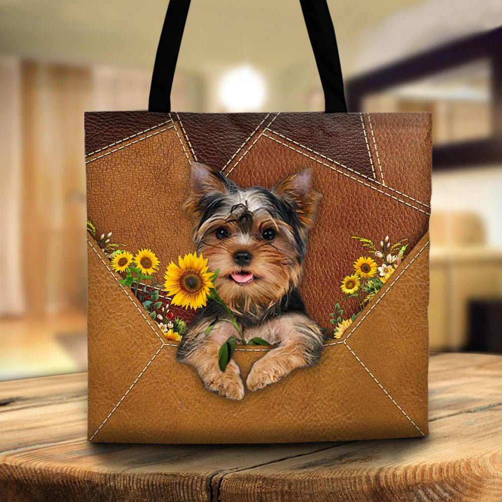 Yorkshire Terrier Holding Sunflower, Tote Bag Printed Leather Pattern For Dog Mom