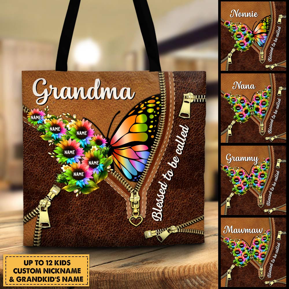 Blessed To Be Called Grandma Colorful Flying Butterfly Sunflowers Printed Leather Pattern Personalized Tote Bag For Grandma