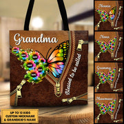 Blessed To Be Called Grandma Colorful Flying Butterfly Sunflowers Printed Leather Pattern Personalized Tote Bag For Grandma