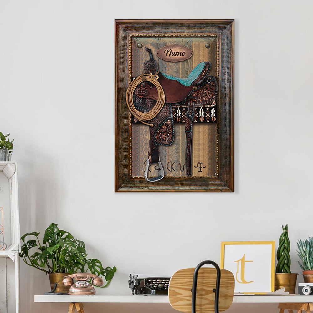 Canvas Horse Saddle Frame Print, Personalized Canvas For Horse Lovers, Cowboy, Cowgirl, Name & Saddle Color Can Be Changed