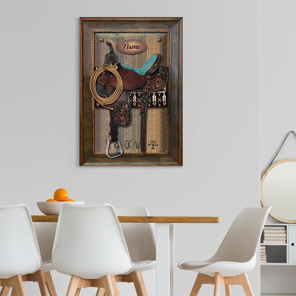 Canvas Horse Saddle Frame Print, Personalized Canvas For Horse Lovers, Cowboy, Cowgirl, Name & Saddle Color Can Be Changed