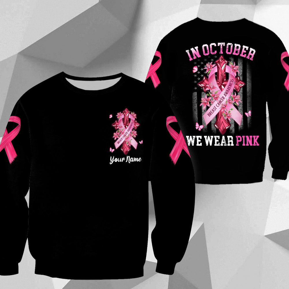 In October We Wear Pink All Over Print, Shirts For Helping Raise Awareness Of Breast Cancer, Cross & Flag Art Print, Name Can Be Changed