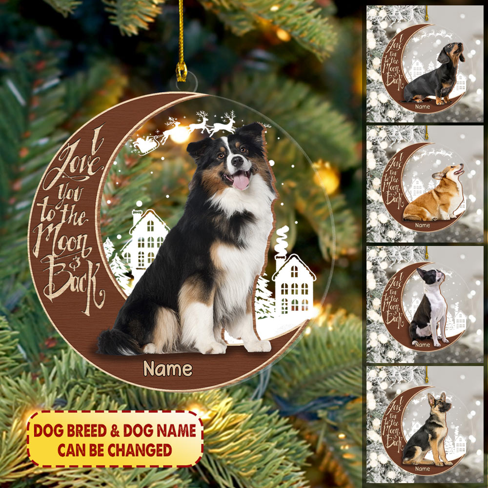 Australian Shepherd Sitting And Happy On The Moon 2 Layer Mix Wood And Acrylic Ornament