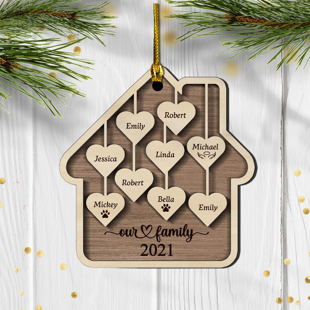 Family Christmas Ornament, Personalized 2021 Wood Xmas Holiday Ornament With Family Member Names, Custom Ornaments