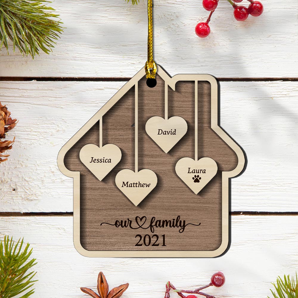 Family Christmas Ornament, Personalized 2021 Wood Xmas Holiday Ornament With Family Member Names, Custom Ornaments