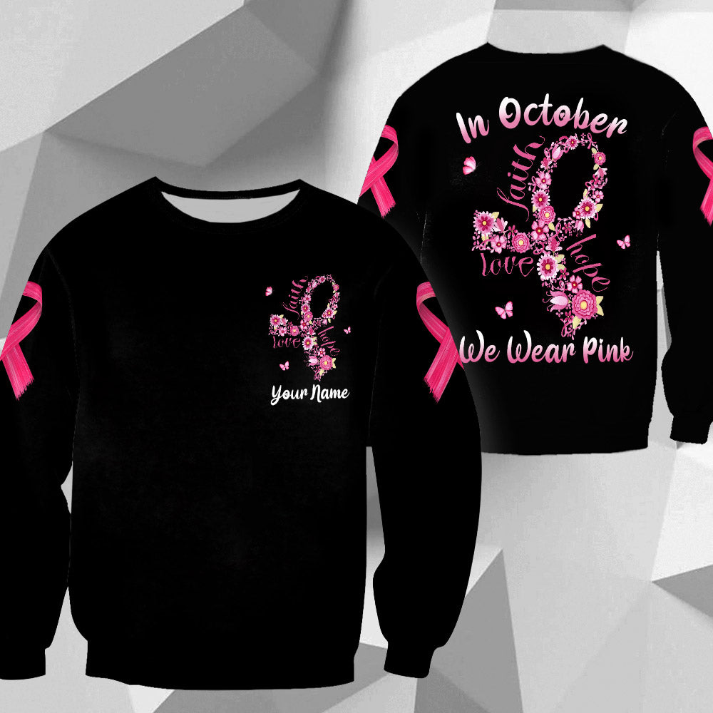 In October We Wear Pink, All Over Print Shirts For Breast Cancer Awareness, Ribbon & Flowers Art Print, Name Can Be Changed