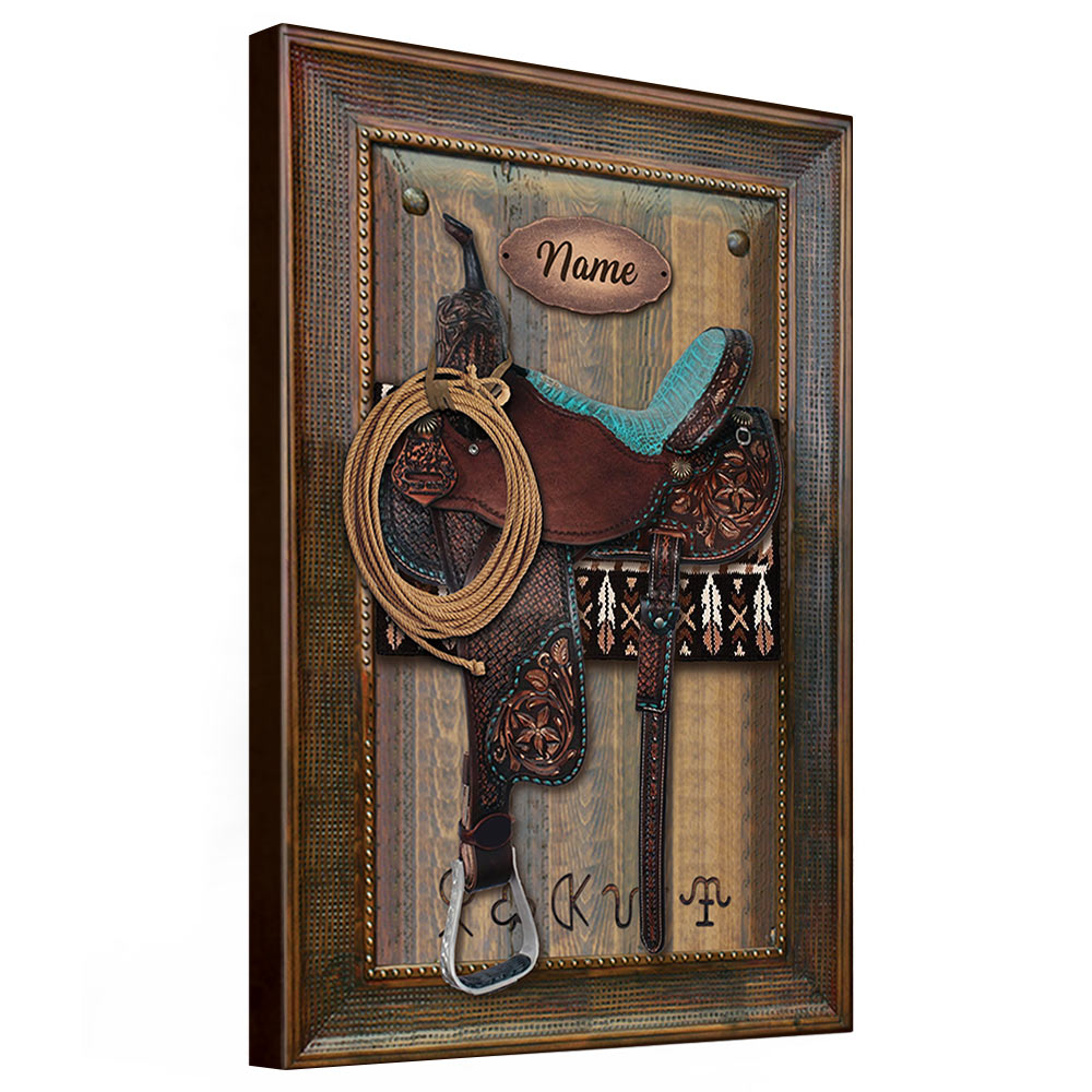 Canvas Horse Saddle Frame Print, Personalized Canvas For Horse Lovers, Cowboy, Cowgirl, Name & Saddle Color Can Be Changed