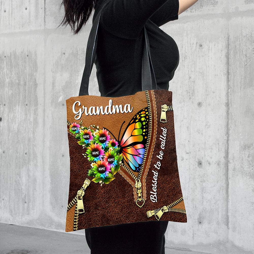 Blessed To Be Called Grandma Colorful Flying Butterfly Sunflowers Printed Leather Pattern Personalized Tote Bag For Grandma