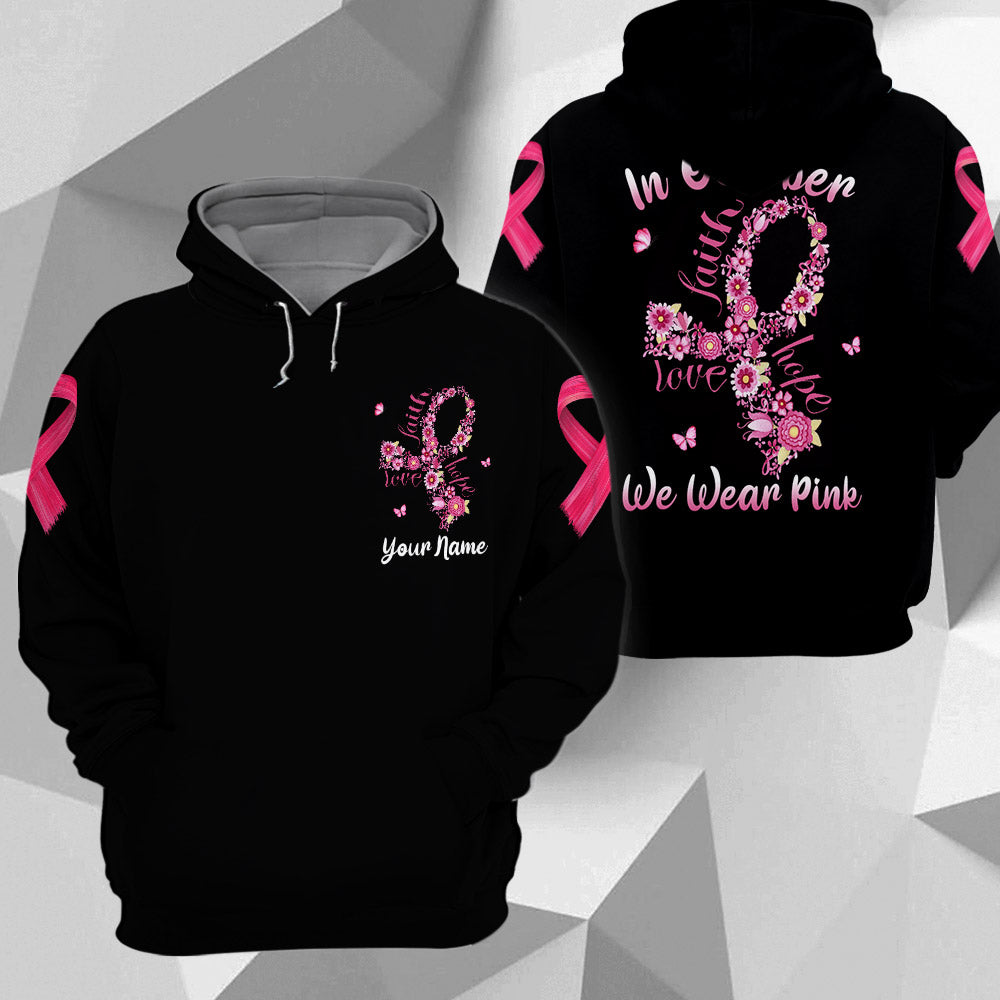 In October We Wear Pink, All Over Print Shirts For Breast Cancer Awareness, Ribbon & Flowers Art Print, Name Can Be Changed