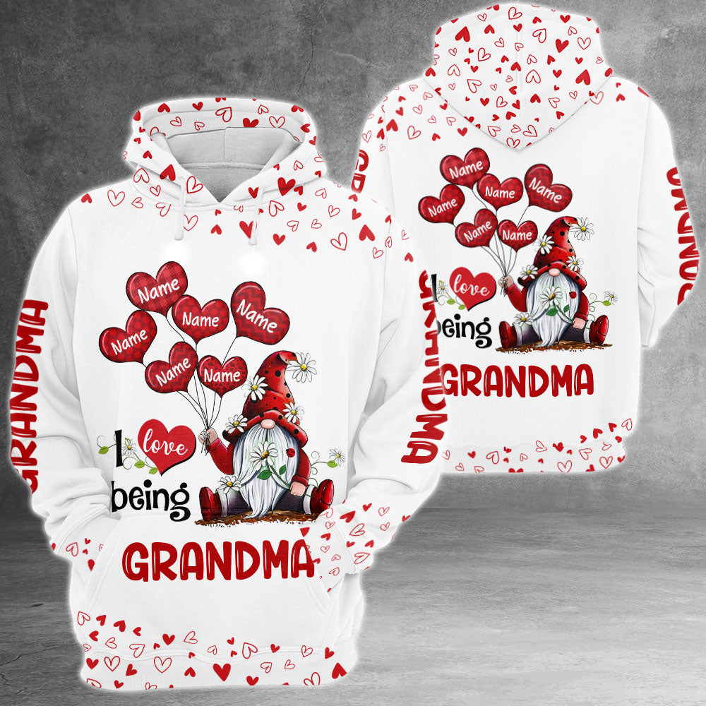 I Love Being Grandma Gnomes Balloon Hearts Personalized All Over Print Shirt, 3D Shirt For Grandma