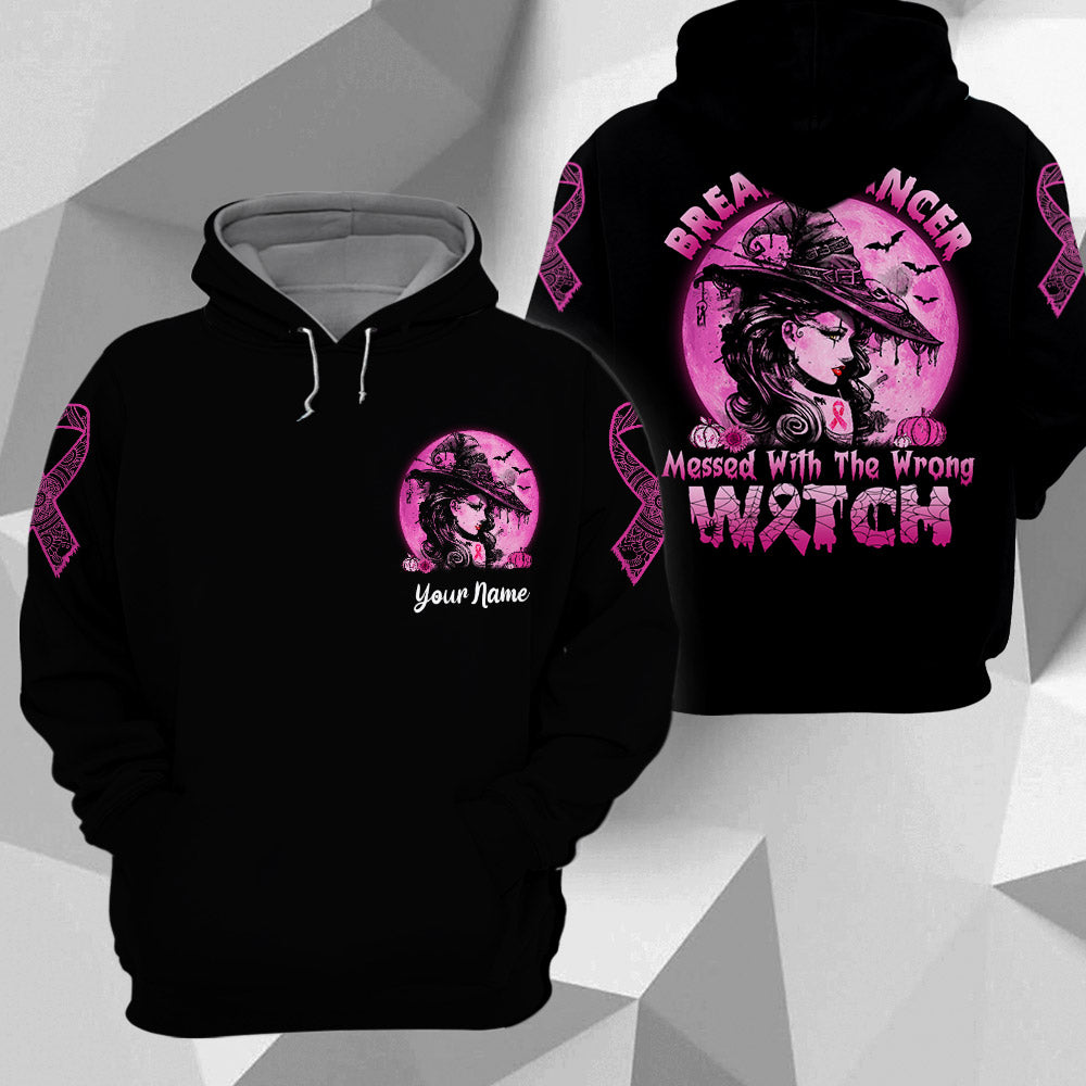 Breast Cancer Messed With The Wrong Witch, All Over Print Shirt For Breast Cancer Awareness, Happy Halloween, Name Can Be Changed