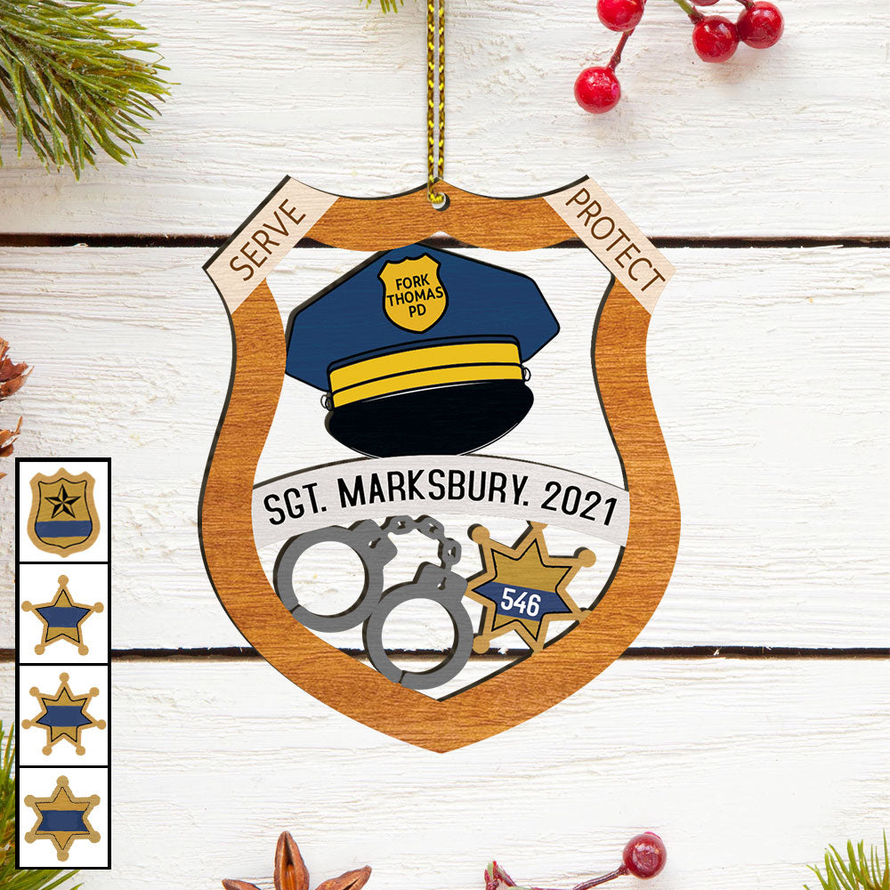 Personalized Police Christmas Ornament-Wood, name, year, rank, badge number, department Laser Cut Gift For Xmas TRHN, Made By Wood And One Side Print