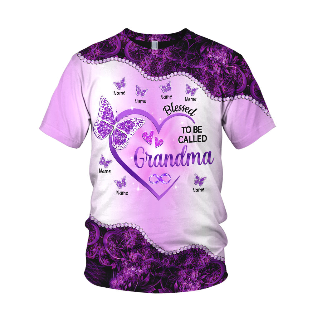 Personalized Purple Heart Butterflies All Over Print Shirts For Grandma Nana Gigi