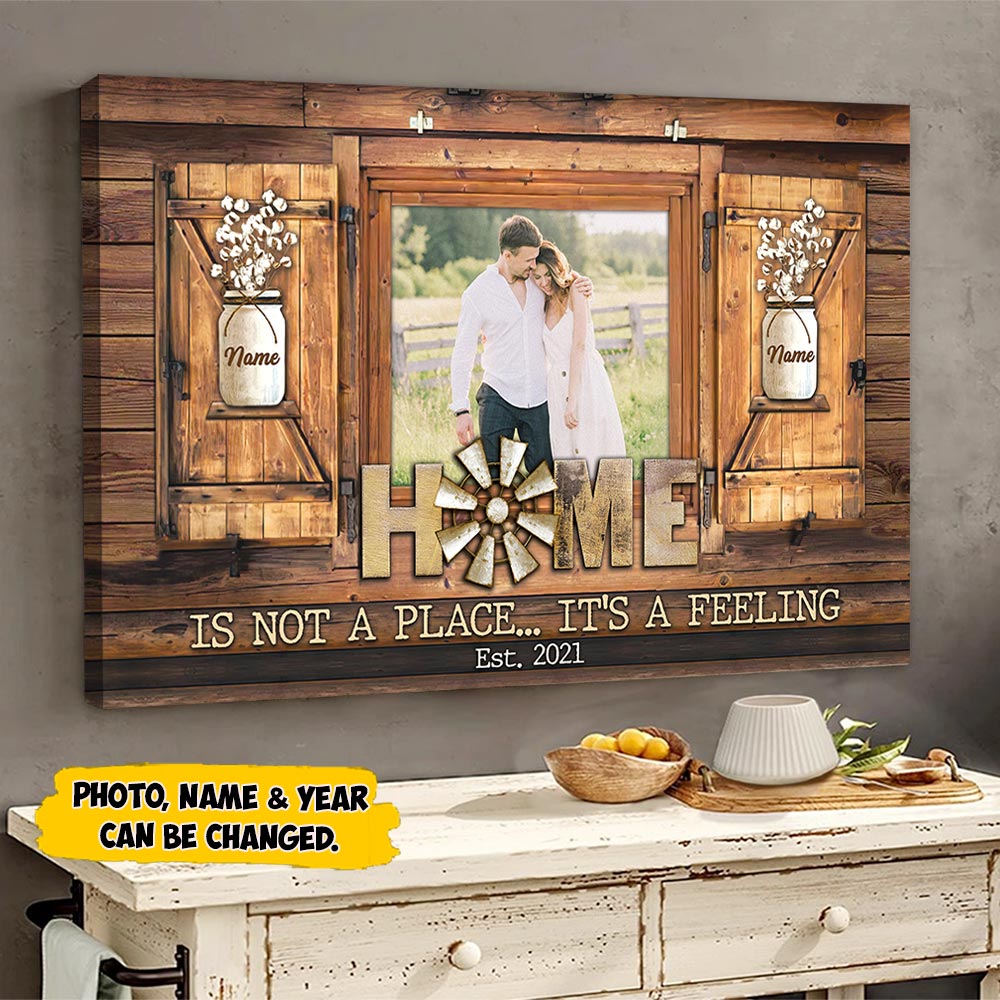 Home Is Not A Place.. It’S A Feeling, Personalized Canvas For Couple & Family, Name & Photo Can Be Changed