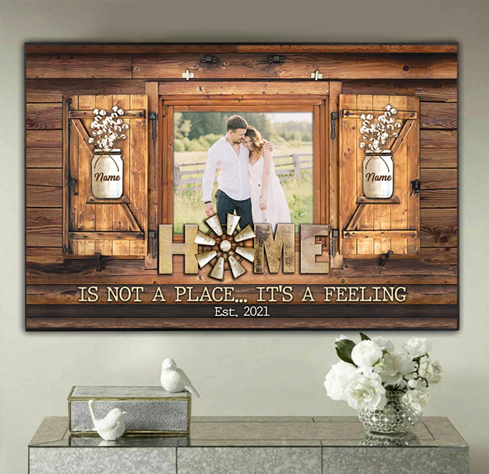 Home Is Not A Place.. It’S A Feeling, Personalized Canvas For Couple & Family, Name & Photo Can Be Changed
