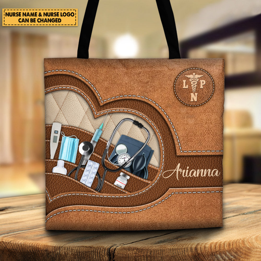 Personalized Tote Bag Printed Leather Pattern For Nurse, Name & Nurse Logo Color Can Be Changed