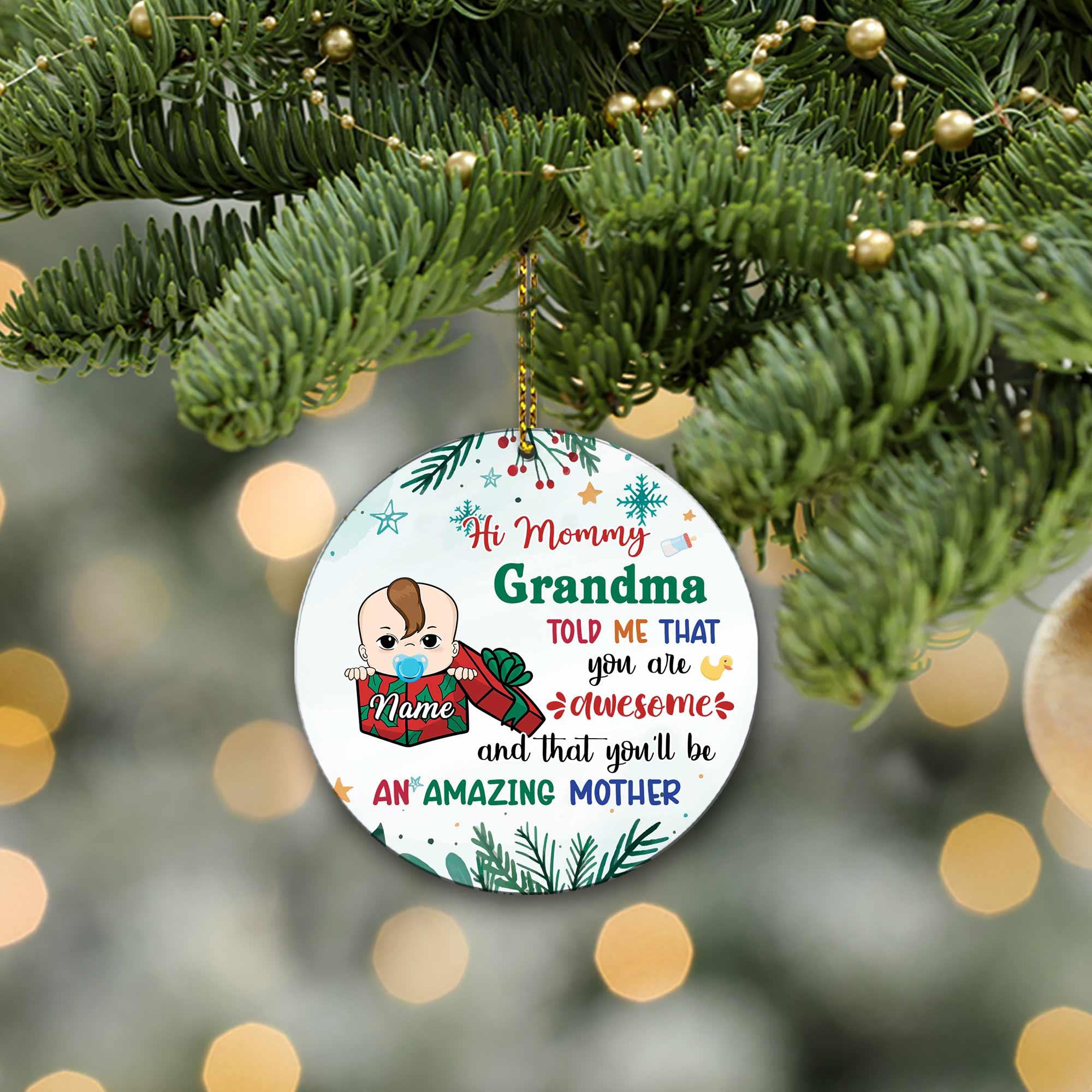 Hi Mommy and Daddy, Grandma Told Me That You Are Awesome Christmas Personalized Ornament Printed in Two Sides For Mom And Dad From Kid and Grandma HN98 LOQN
