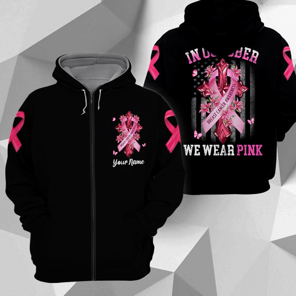 In October We Wear Pink All Over Print, Shirts For Helping Raise Awareness Of Breast Cancer, Cross & Flag Art Print, Name Can Be Changed