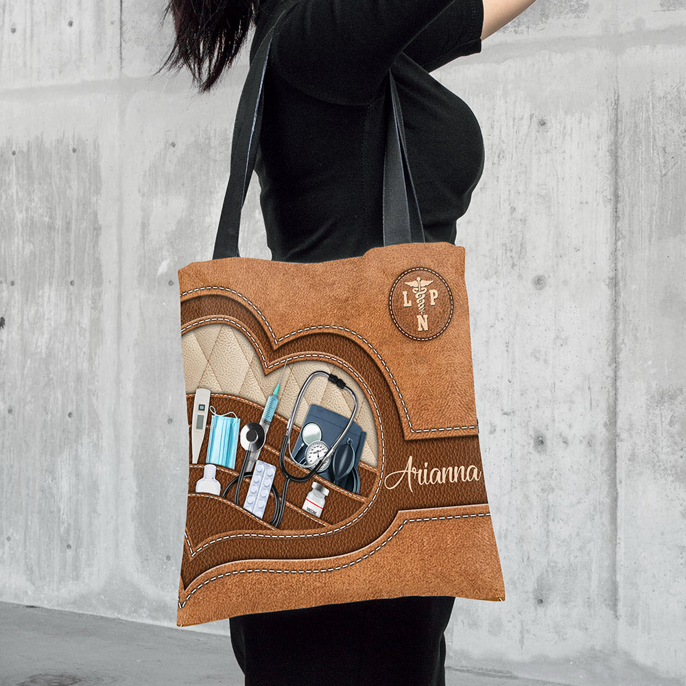 Personalized Tote Bag Printed Leather Pattern For Nurse, Name & Nurse Logo Color Can Be Changed
