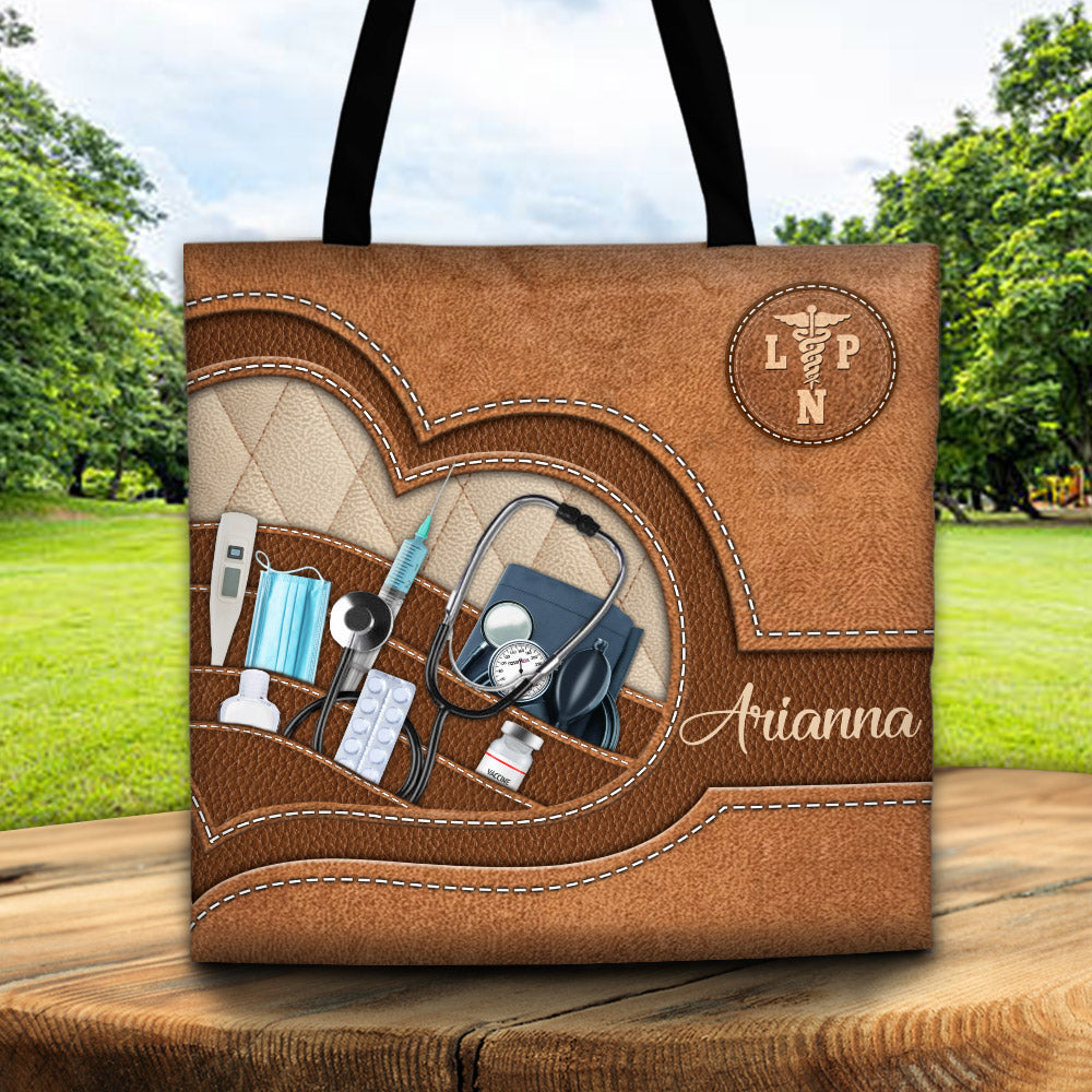 Personalized Tote Bag Printed Leather Pattern For Nurse, Name & Nurse Logo Color Can Be Changed