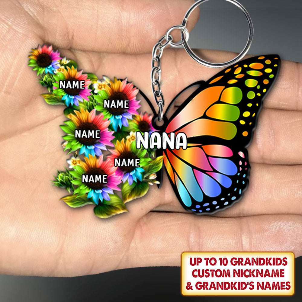 Grandma Colorful Butterfly With Sunflower Flat Acrylic Personalized Keychain For Grandma, 2 Sides Are The Same