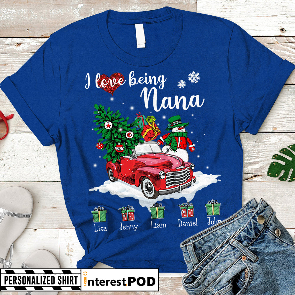 Personalized Christmas Gift For Grandma, Nana, Mimi, Red Truck & Xmas Gifts, I Love Being A Nana, Custom Nickname & Grandkid's Name Shirts