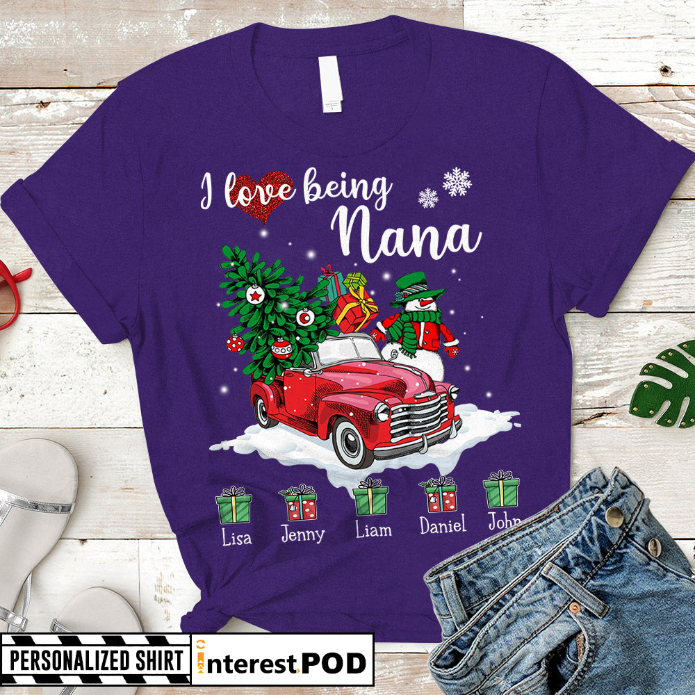 Personalized Christmas Gift For Grandma, Nana, Mimi, Red Truck & Xmas Gifts, I Love Being A Nana, Custom Nickname & Grandkid's Name Shirts