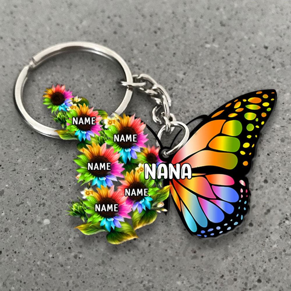 Grandma Colorful Butterfly With Sunflower Flat Acrylic Personalized Keychain For Grandma, 2 Sides Are The Same