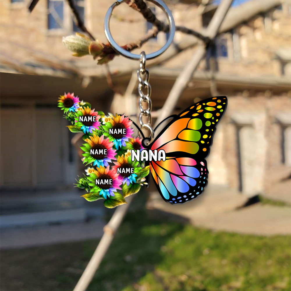 Grandma Colorful Butterfly With Sunflower Flat Acrylic Personalized Keychain For Grandma, 2 Sides Are The Same