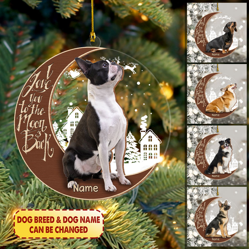 Boston Terrier Sitting And Happy On The Moon 2 Layer Mix Wood And Acrylic Ornament