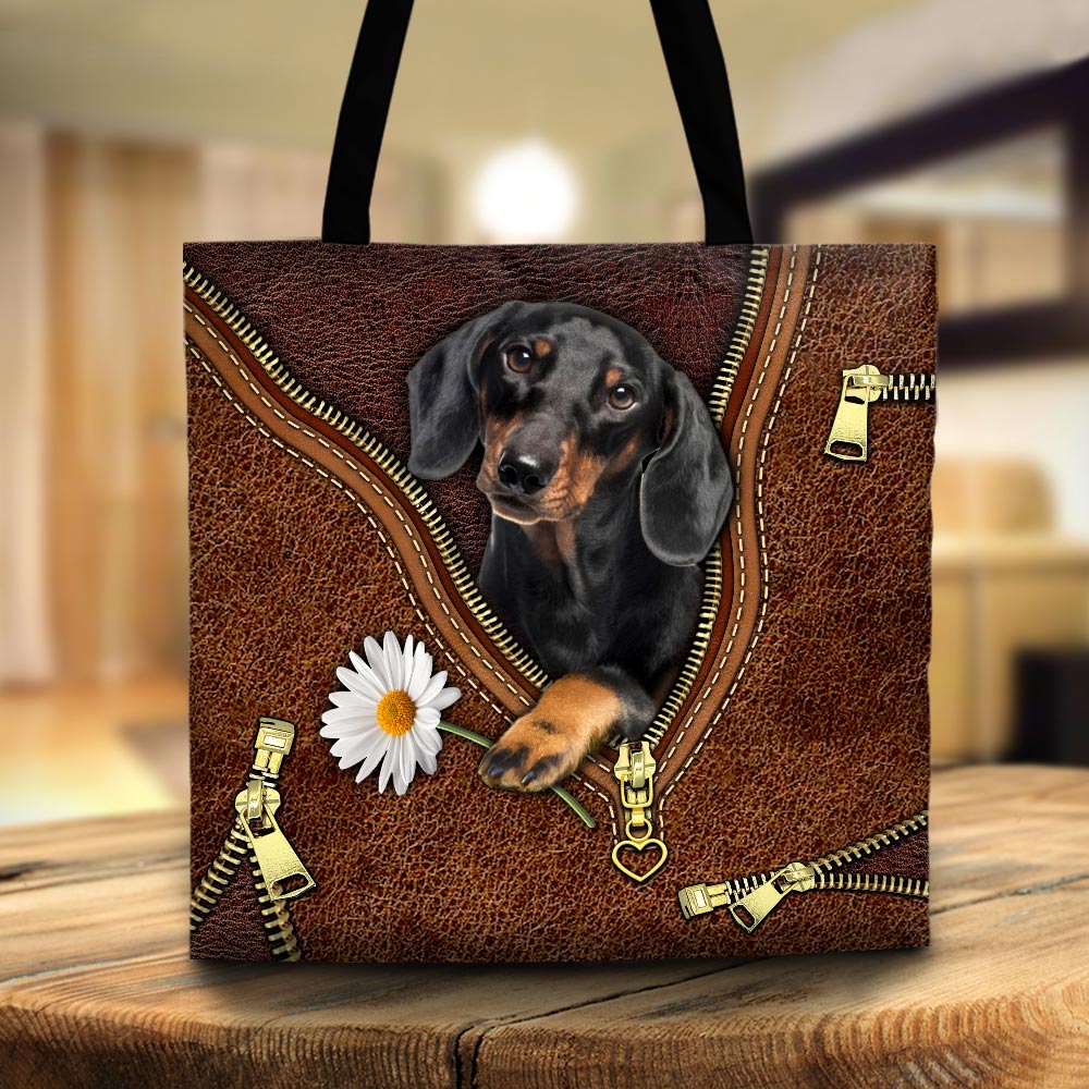 Dachshund Holding Daisy, Printed Leather Pattern, Tote Bag For Dog Mom, Dog Lovers