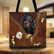 Dachshund Holding Daisy, Printed Leather Pattern, Tote Bag For Dog Mom, Dog Lovers