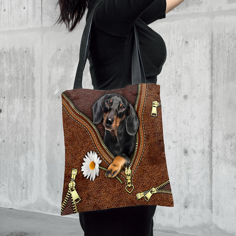 Dachshund Holding Daisy, Printed Leather Pattern, Tote Bag For Dog Mom, Dog Lovers