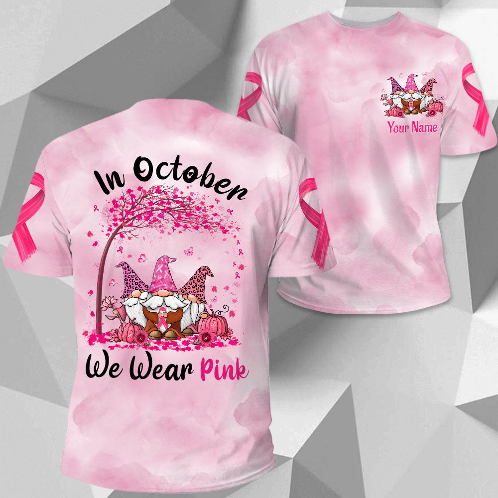 In October We Wear Pink, All Over Print Shirts For Breast Cancer Family Member, Leopard Print Gnomes, Name Can Be Changed