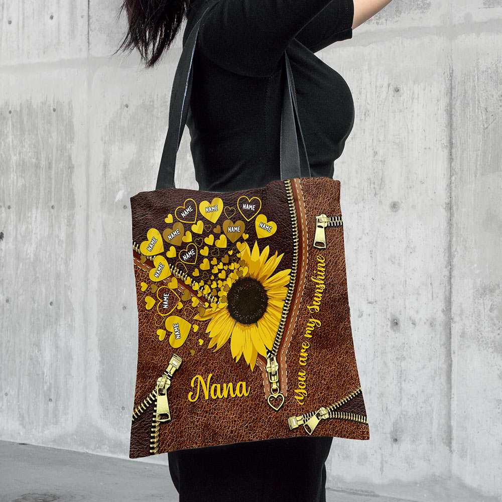 You're My Sunshine, Grandkids Sunflower Printed Leather Pattern Personalized Tote Bag For Grandma