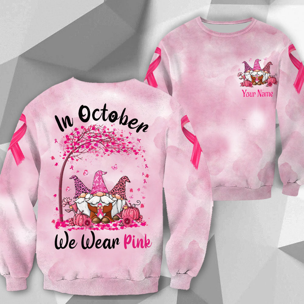 In October We Wear Pink, All Over Print Shirts For Breast Cancer Family Member, Leopard Print Gnomes, Name Can Be Changed