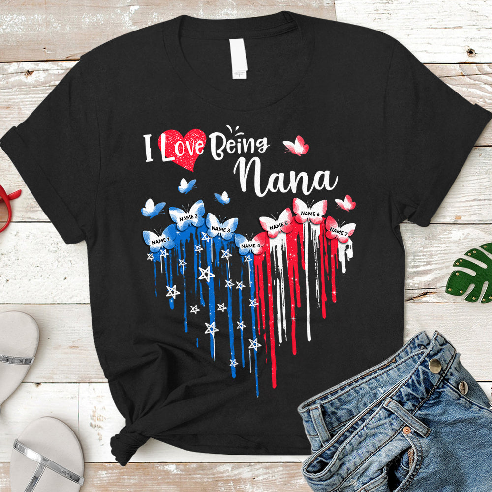 I Love Being Nana Patriotic Heart Personalized Shirt For Grandma
